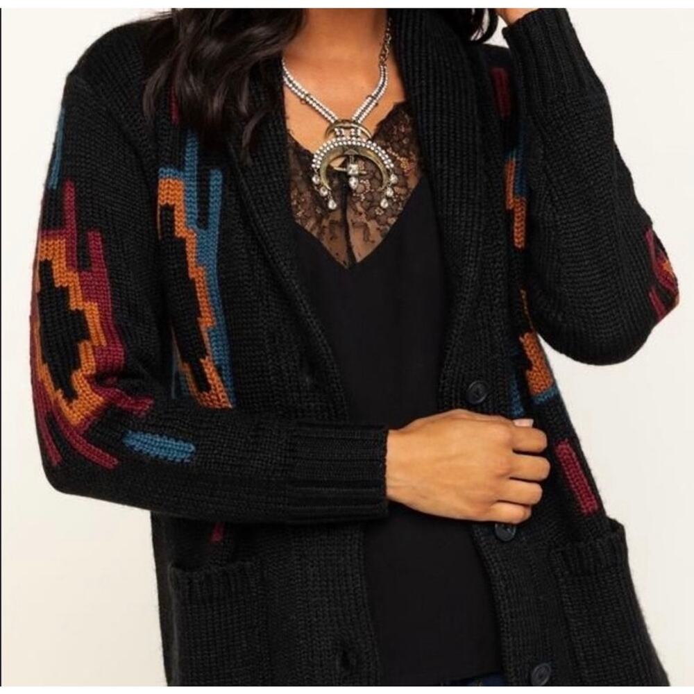 Idyllwind Wool Blend Boho Aztec Midnight Button Front Cardigan Medium